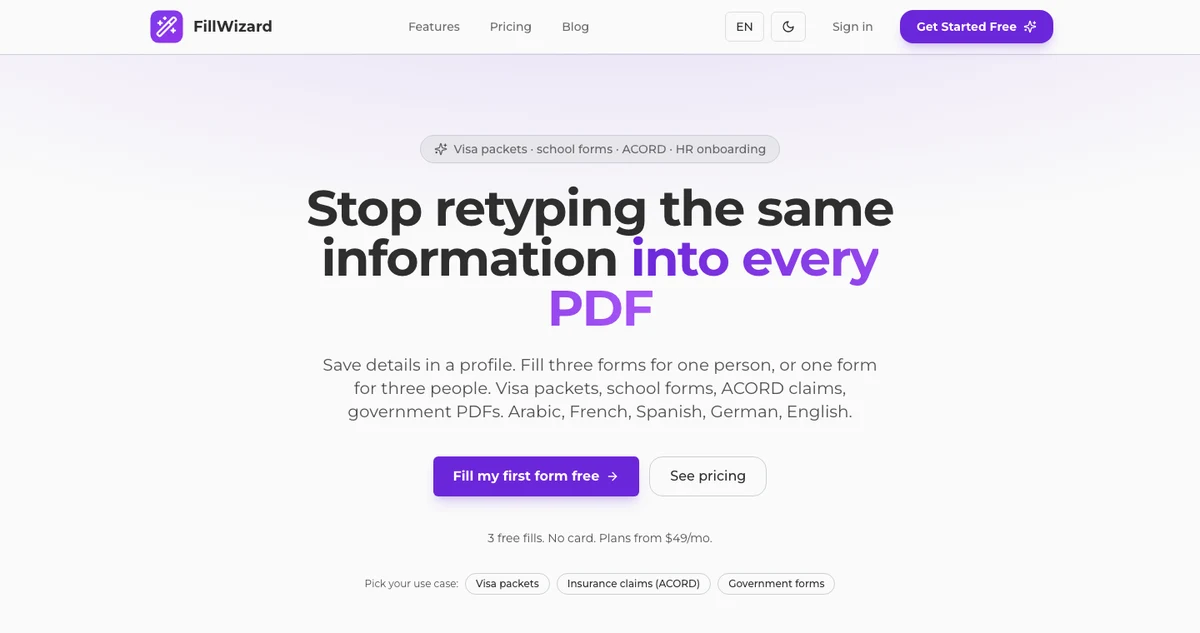 FillWizard landing page, PDF form autofill product