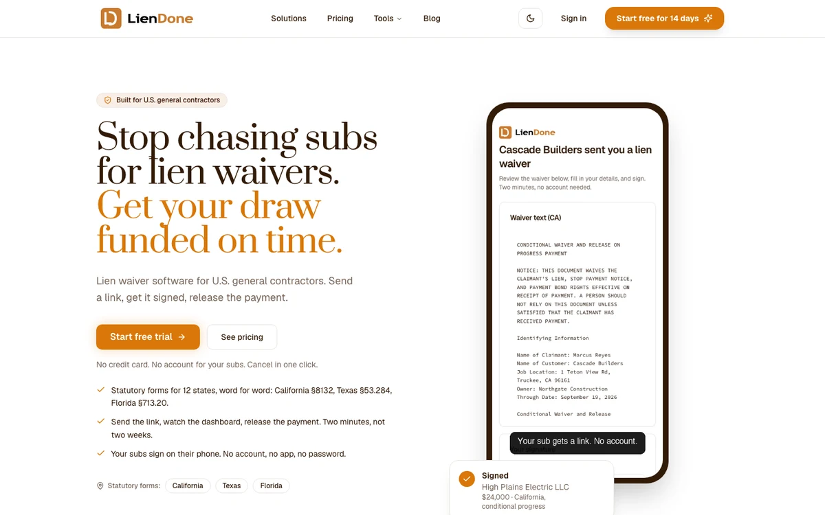 LienDone landing page, lien waiver management for construction