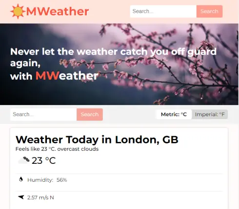 MWeather app in web screen.